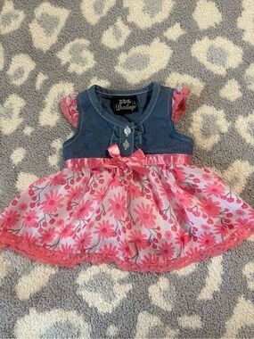 DDG Darlings Denim Babydoll Dress with Pink Floral Skirt and Satin Bow